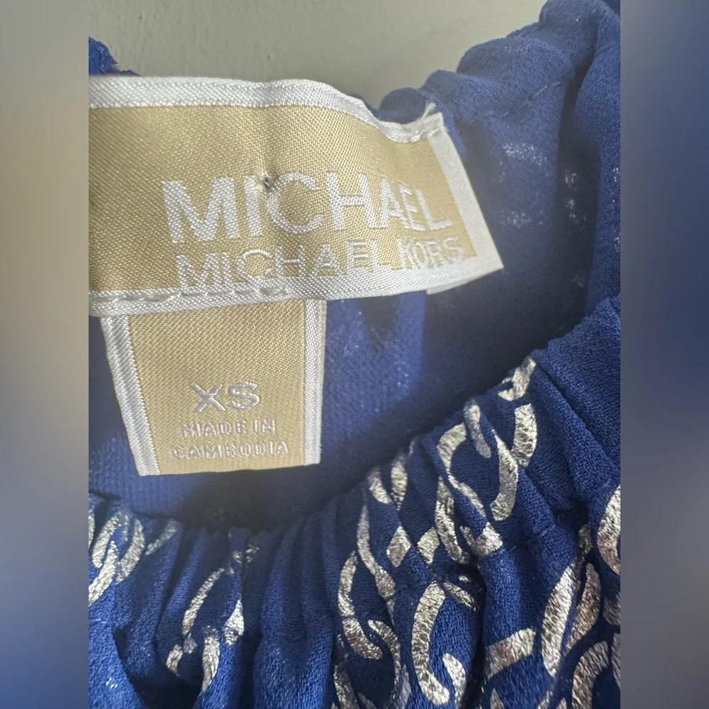 Michael Kors Royal Blue Off-Shoulder Ruffle Blouse with White Wave Print